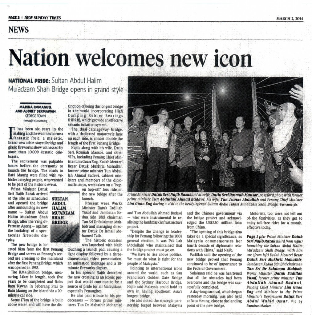 2 mac 2014 - Nation Welcomes New Icon - New Sunday Times
