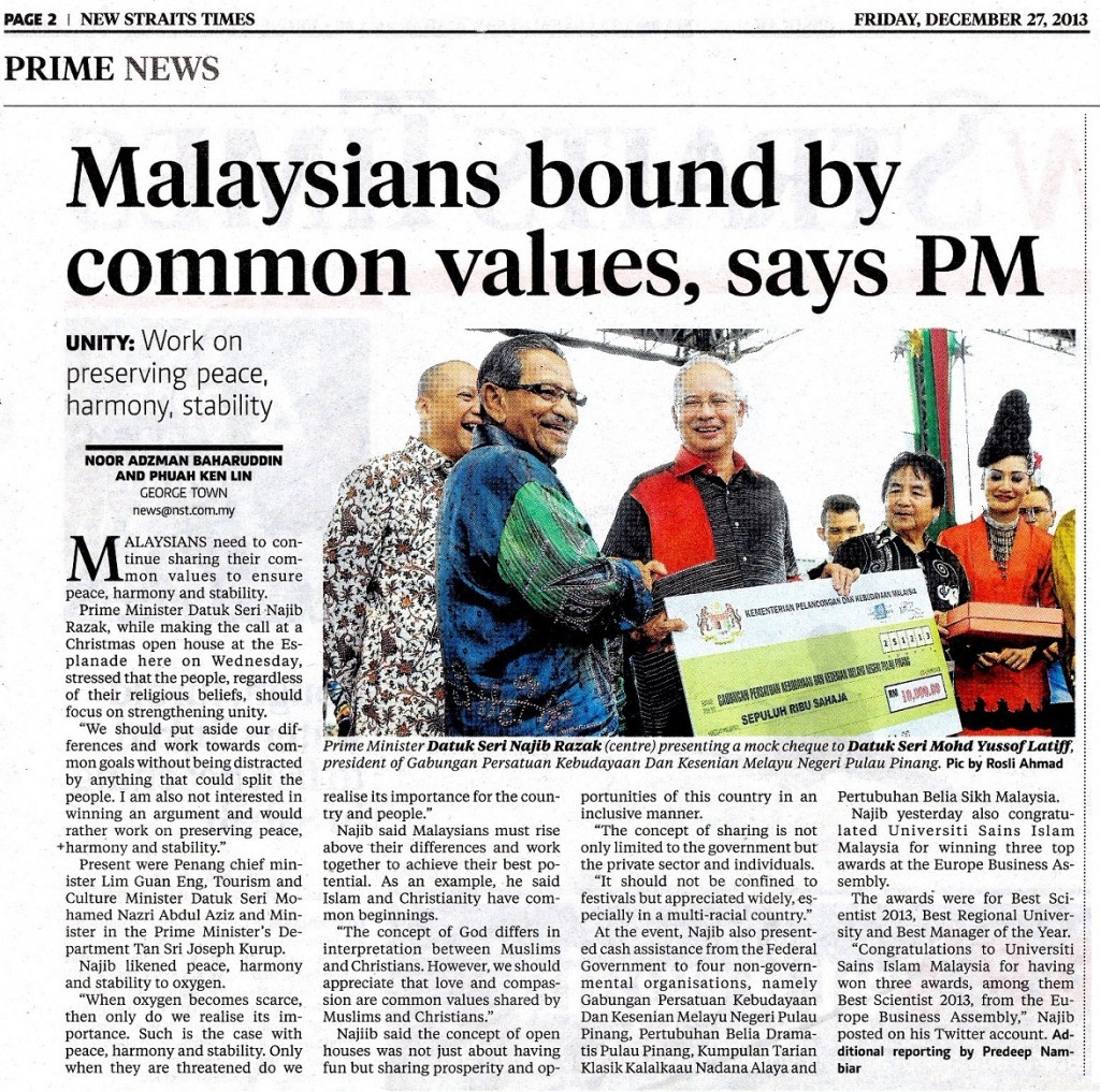 NST - Malaysians Bound by Common Values, Says PM 27 Dis 2013a
