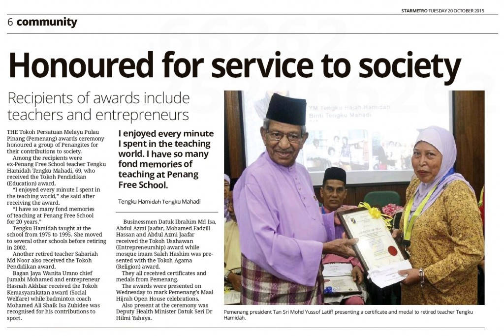 STARMETRO TUESDAY 20 OCTOBER 2015 - Honoured for service to society