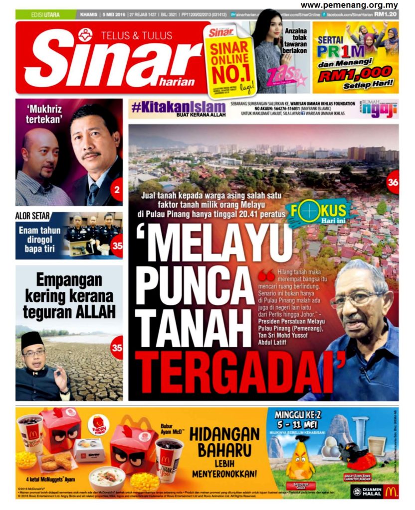 SINAR HARIAN (EDISI UTARA) - 5 MEI 2016 - MELAYU PUNCA TANAH TERGADAI (page 1)