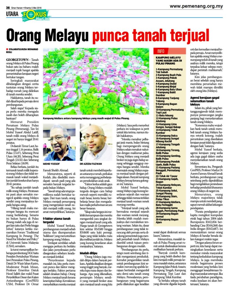 SINAR HARIAN (EDISI UTARA) - 5 MEI 2016 - ORANG MELAYU PUNCA TANAH TERGADAI (page 36)