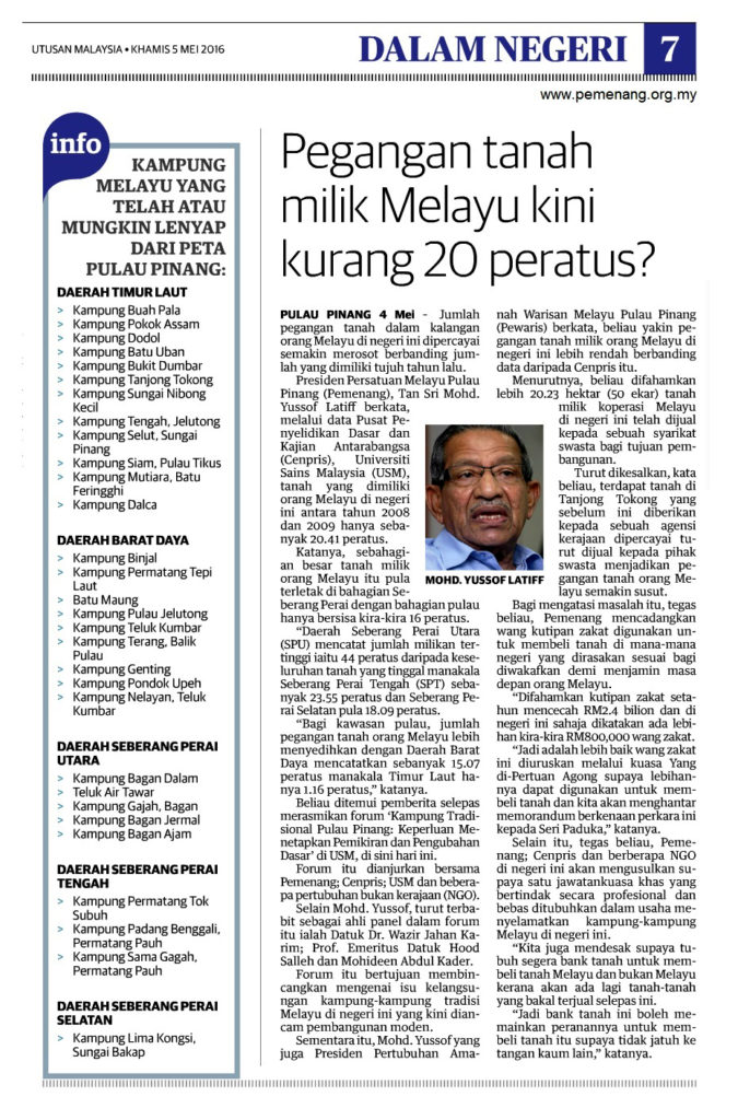 UTUSAN MALAYSIA - KHAMIS 5 MEI 2016 - Pegangan Tanah Milik Melayu Kini Kurang 20 Peratus